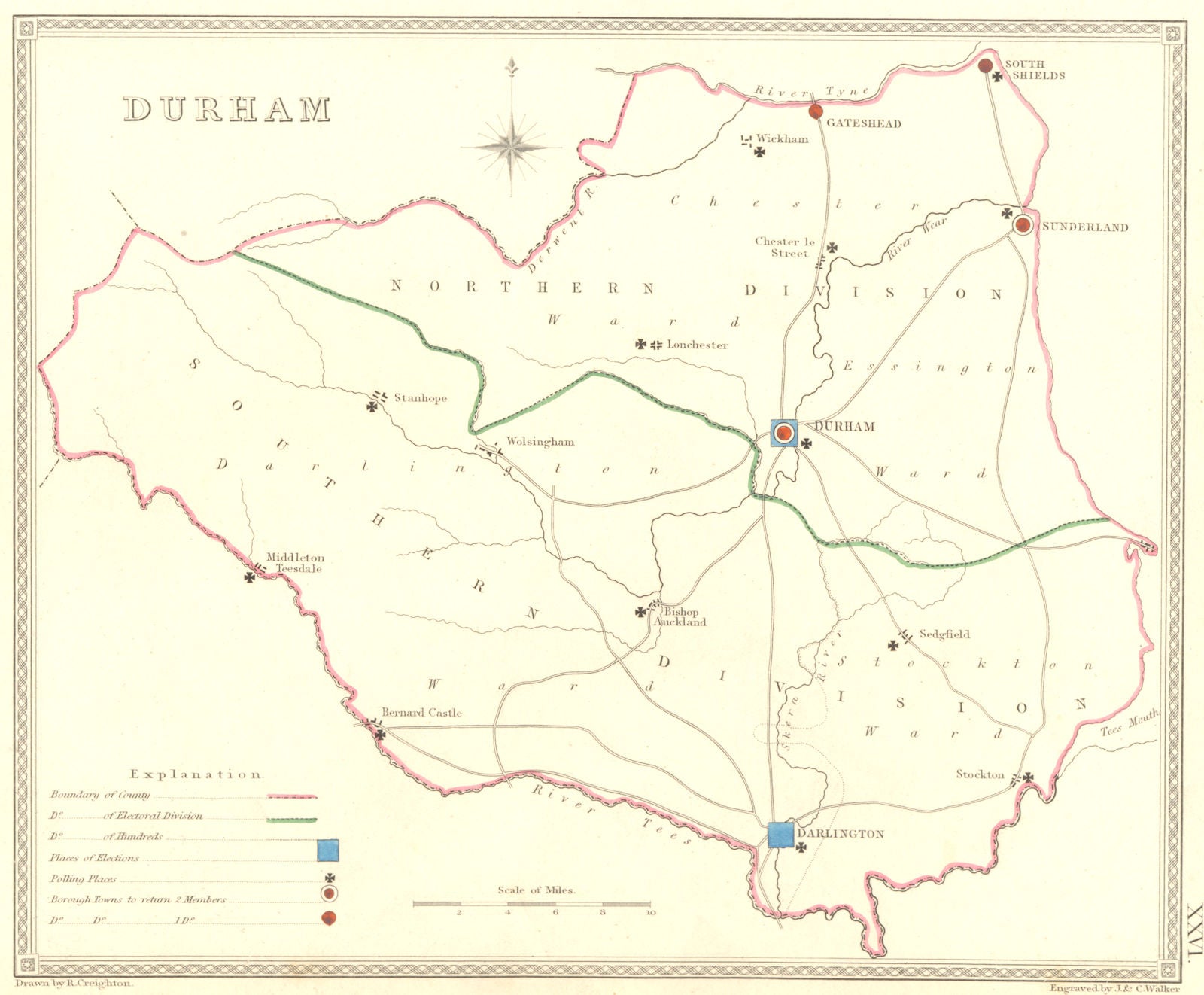 DURHAM. Creighton Walker 1835 old antique vintage map plan chart